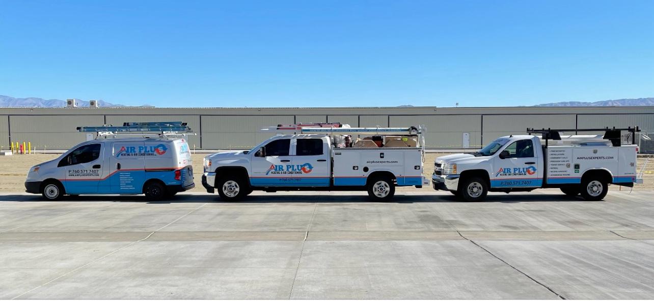 Air Plus Heating & Air Conditioning service fleet lined up and ready for dispatch